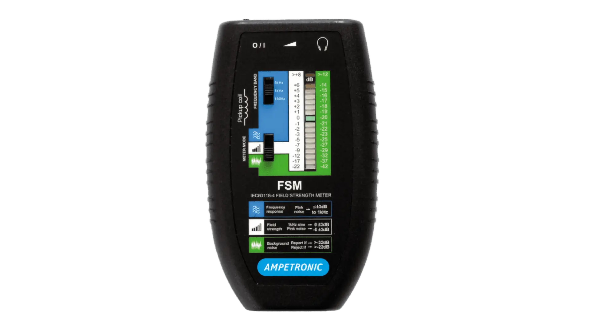 Black handheld Ampetronic fsm ecr01184 field strength meter with digital display showing color-coded frequency and signal indicators