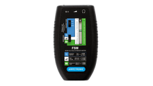 Black handheld Ampetronic fsm ecr01184 field strength meter with digital display showing color-coded frequency and signal indicators