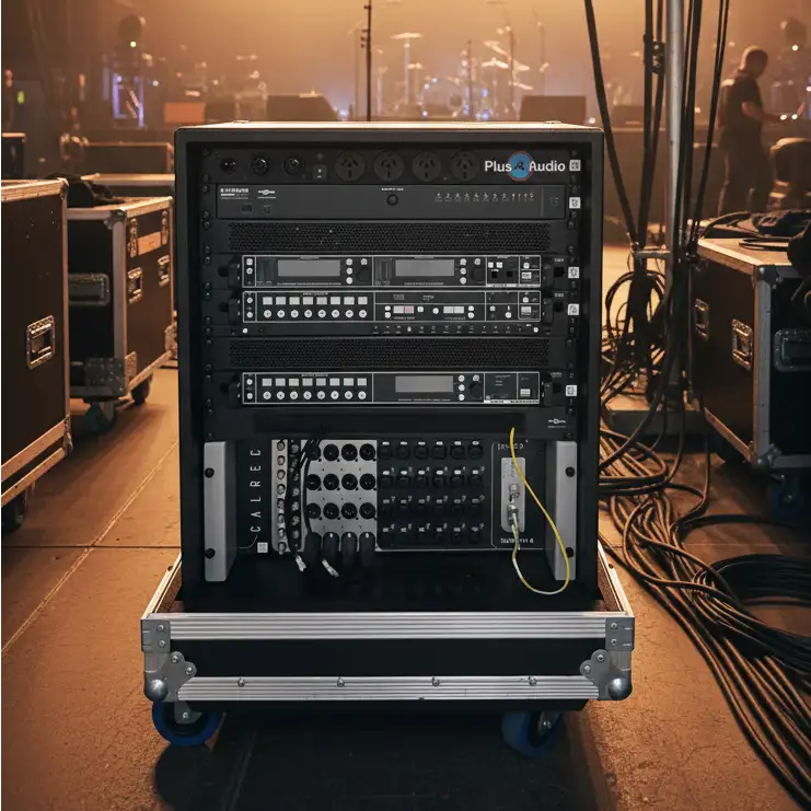 Sound equipment rack on a stage with cables and equipment cases in the background