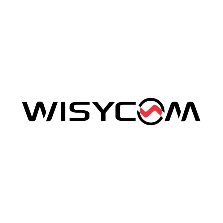 Black and red ’wisycom’ logo with a stylized wave design integrated into the letter ’o’.