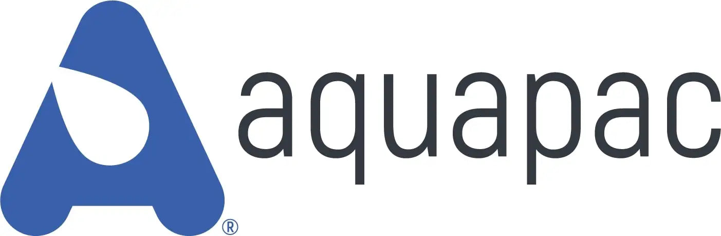 Blue aquapac logo featuring a stylized letter ’a’ with a white water droplet shape inside.