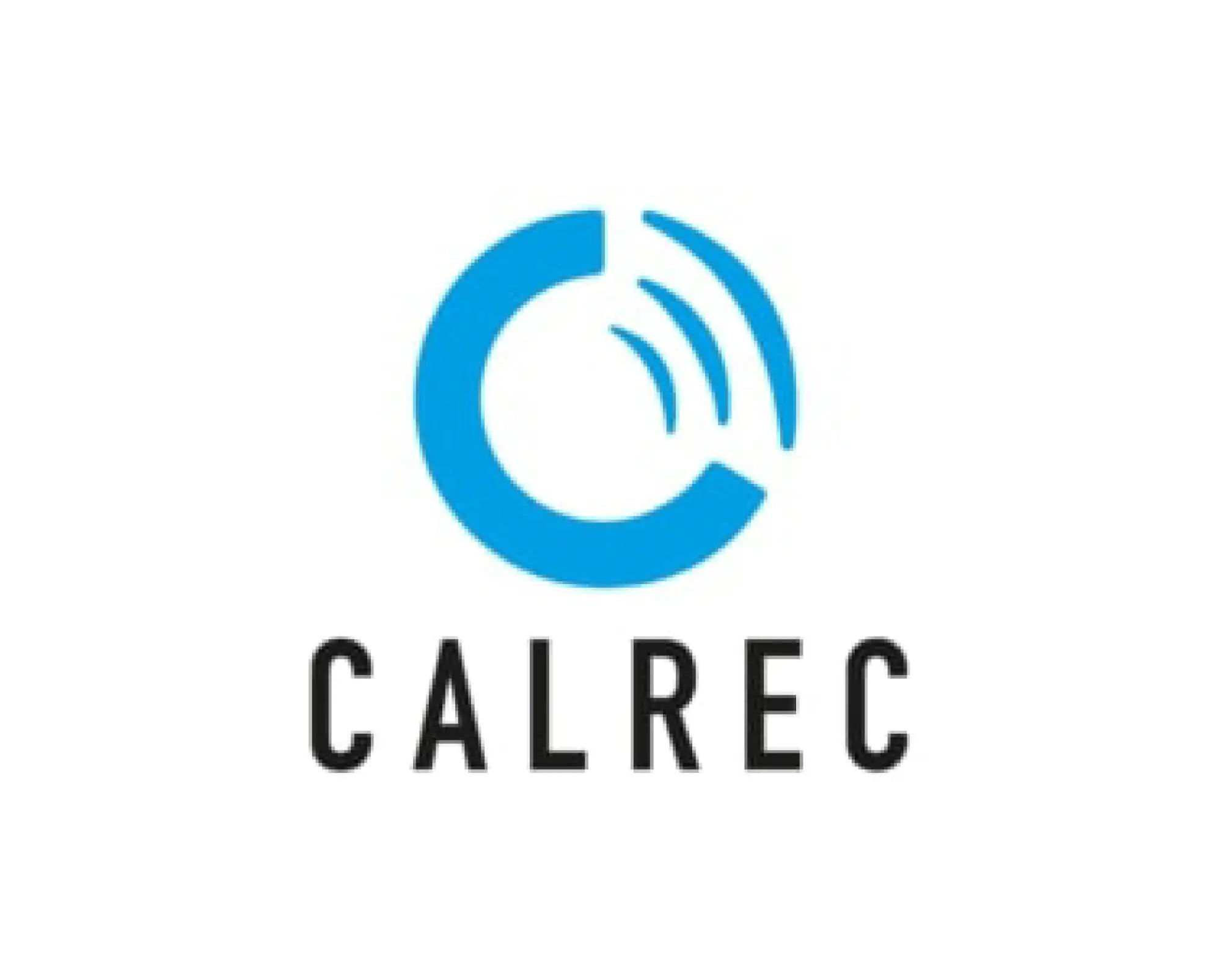 Blue circular logo with soundwave lines and the text ’calrec’ below it.