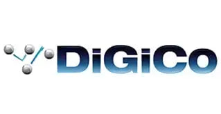 Blue gradient ’digico’ logo with silver sphere and line design.