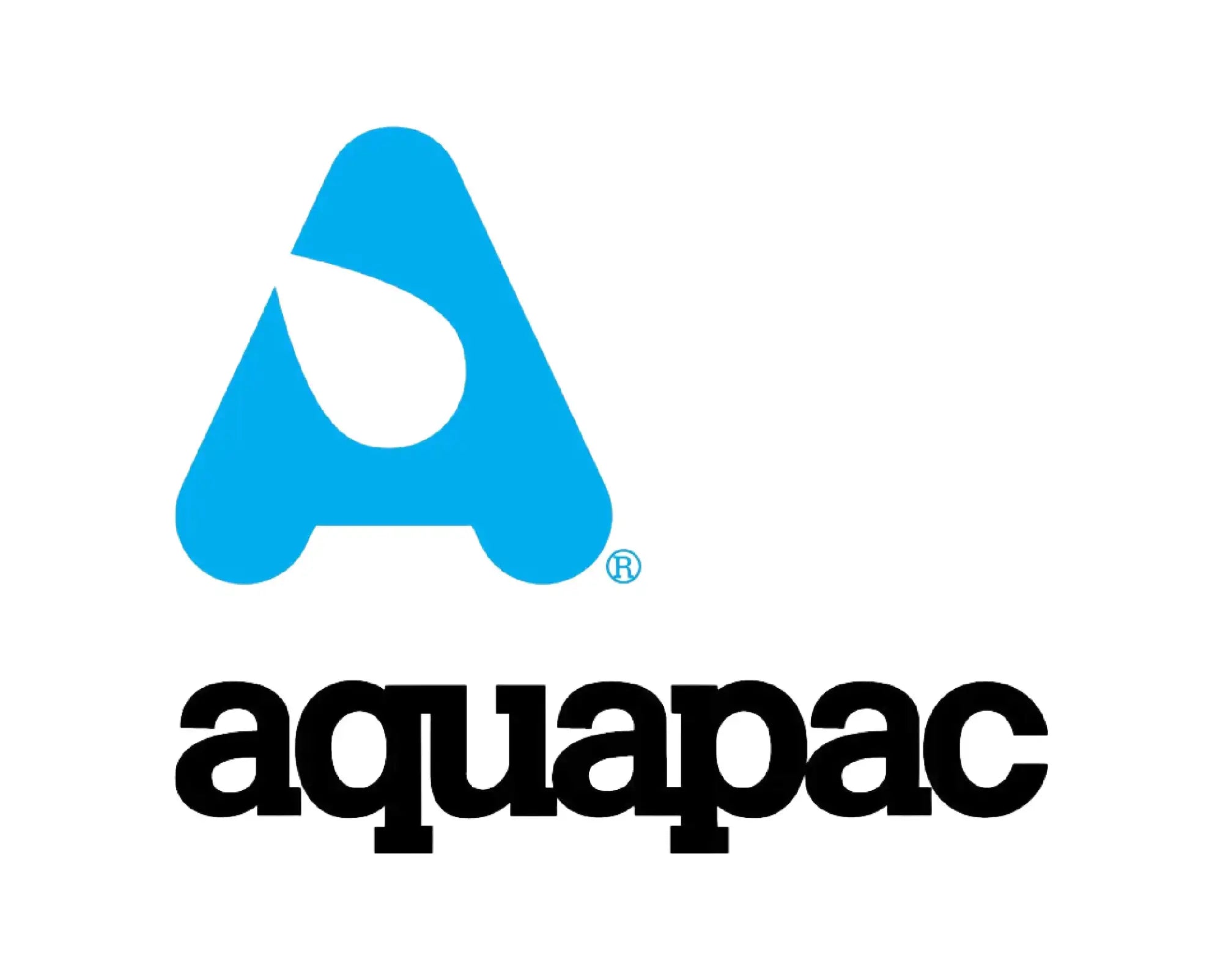 Blue stylized letter a logo with the brand name ’aquapac’ in black lowercase letters beneath it.