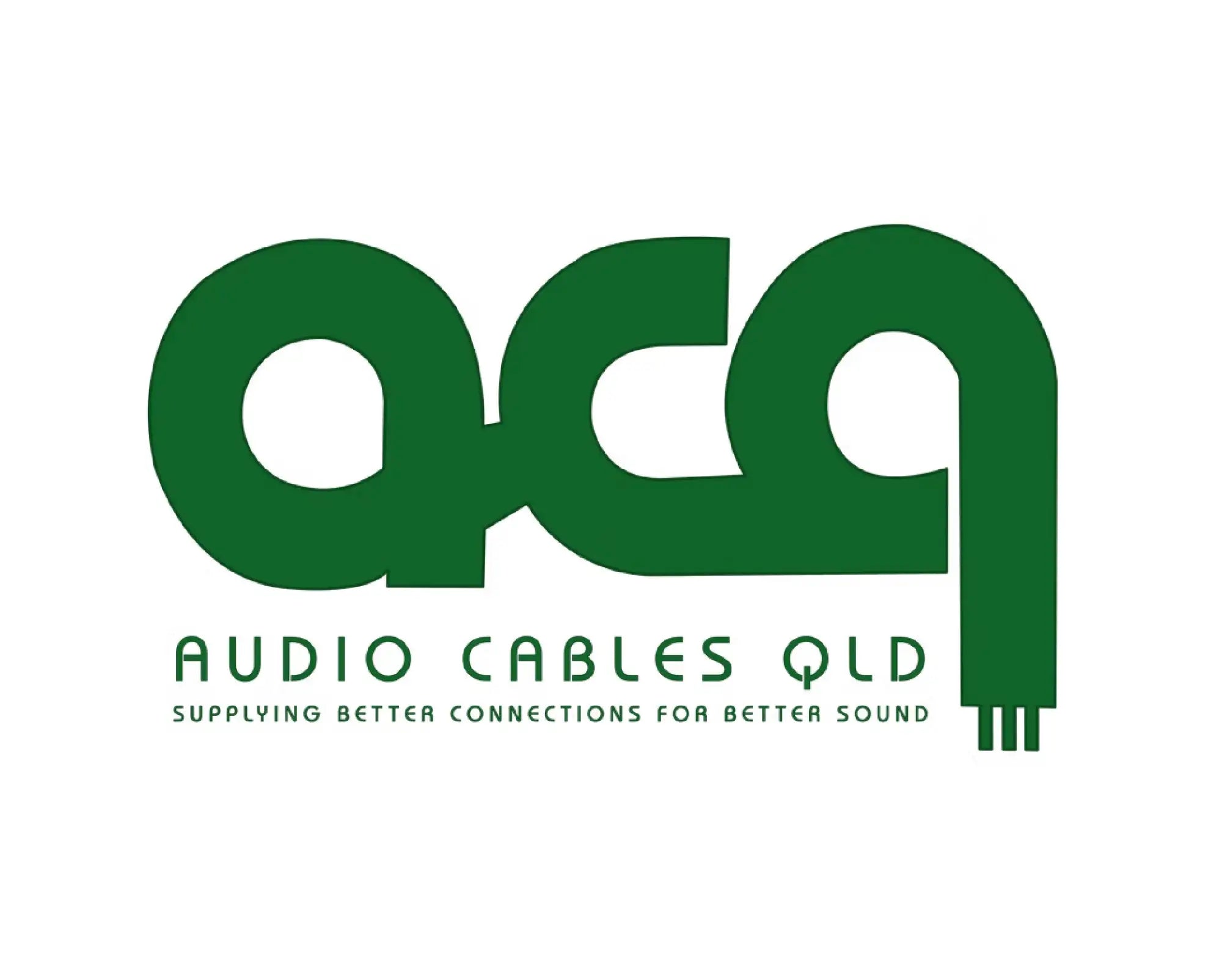 Green stylized logo for audio cables qld featuring the letters ’acq’ with a scarf-like design element.