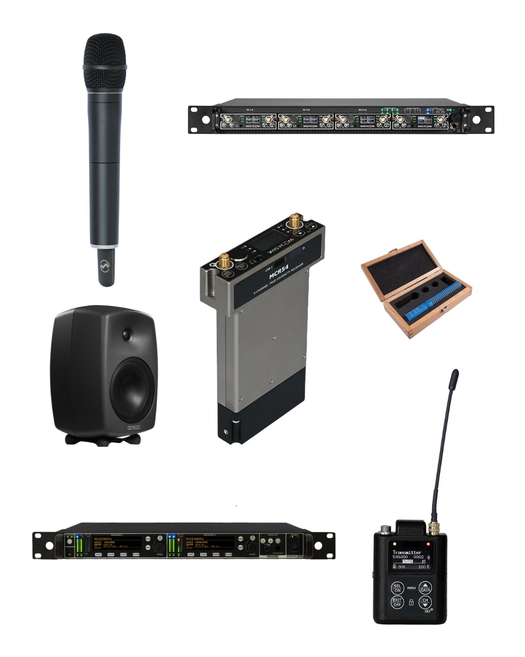 Collection of audio equipment including a microphone, speakers, and signal processors on a white background.
