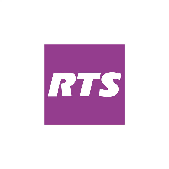 Purple square logo with white ’rts’ lettering.