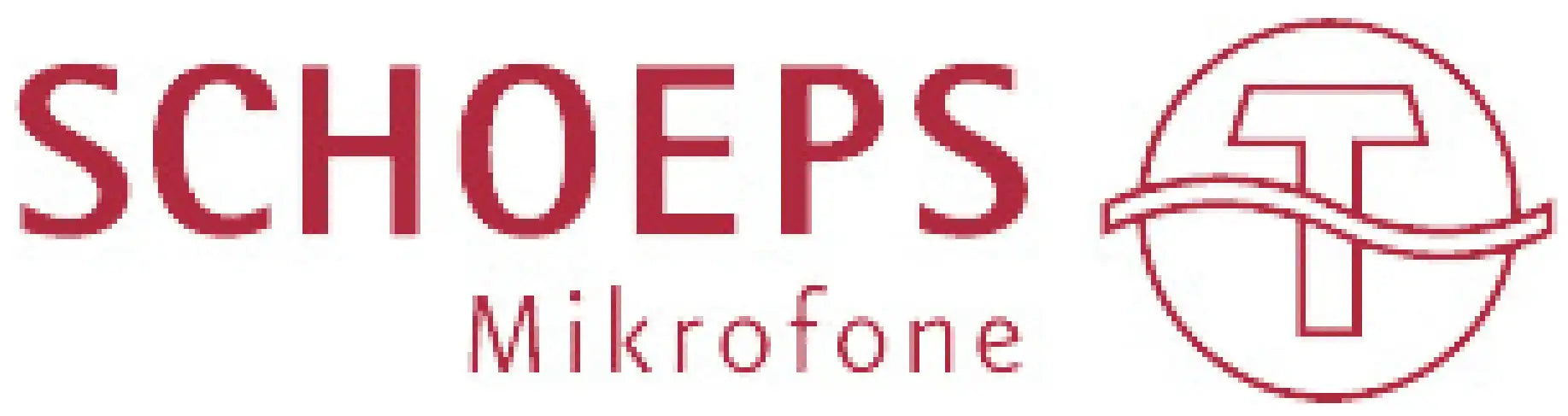 Red schoeps mikrofone logo featuring bold lettering and a circular emblem with a stylized ’t’ design.