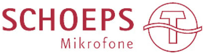 Red schoeps mikrofone logo featuring bold lettering and a circular emblem with a stylized ’t’ design.