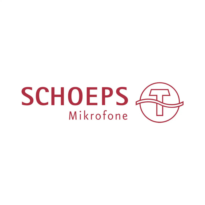 Schoeps mikrofone logo in red, featuring the brand name and a circular emblem with a stylized ’t’ design.