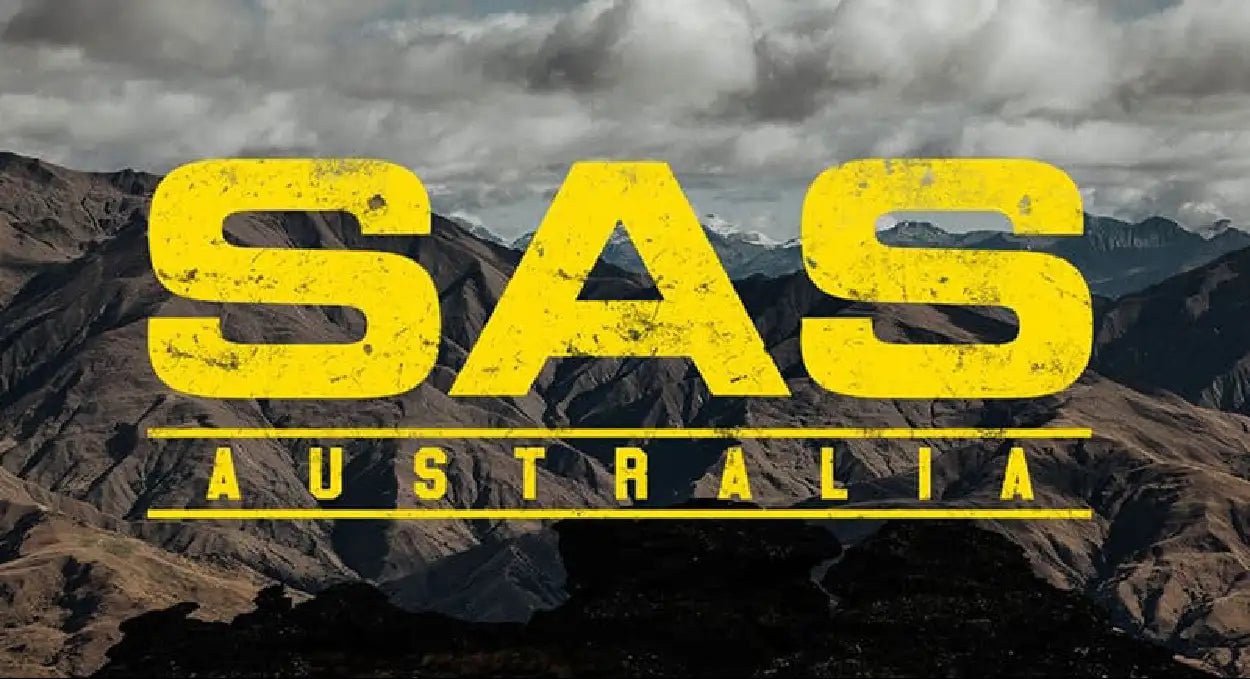 Yellow distressed ’sas australia’ logo overlaying a mountainous landscape.